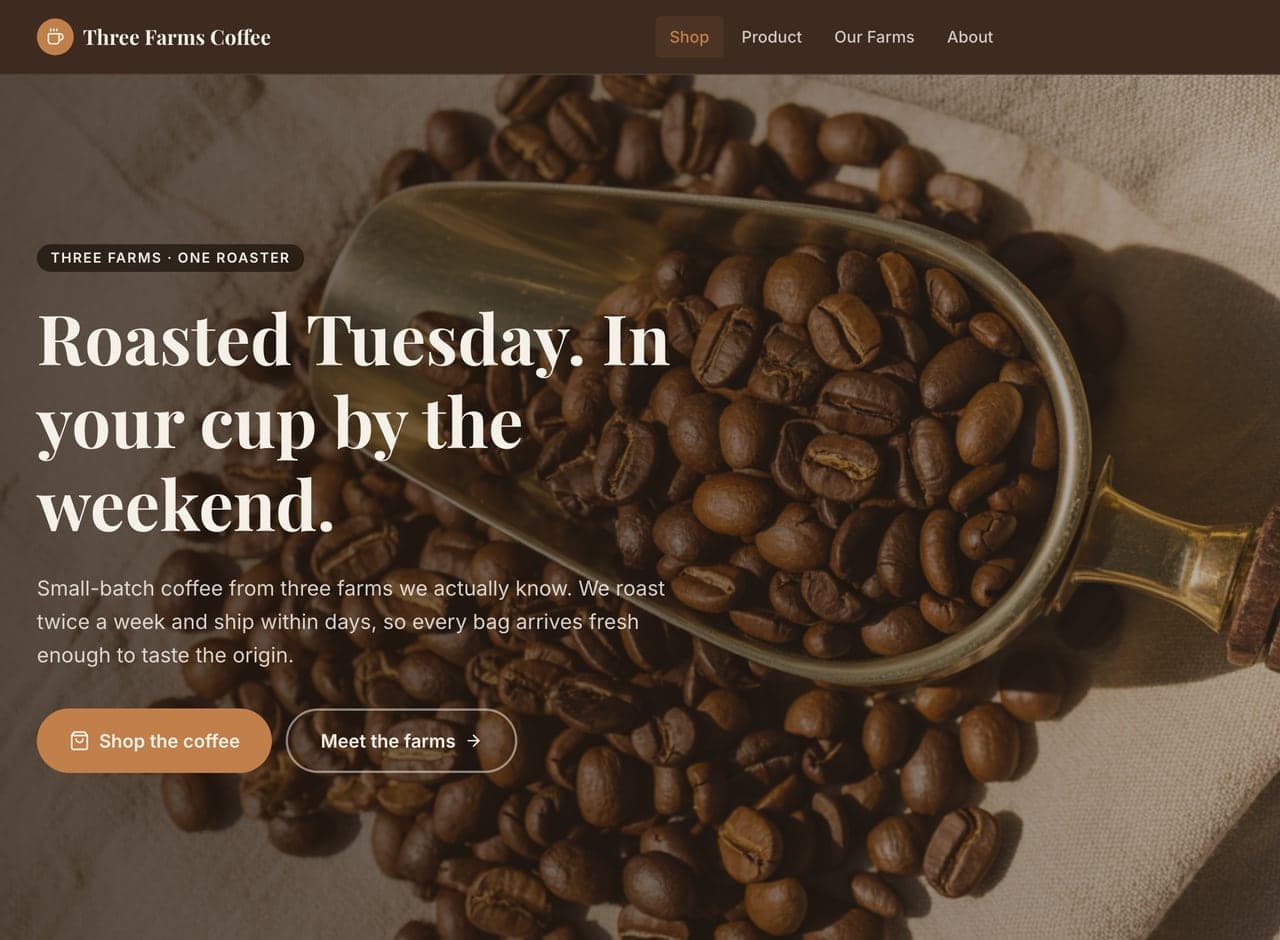 Three Farms Coffee — a real business site built and published with Helm
